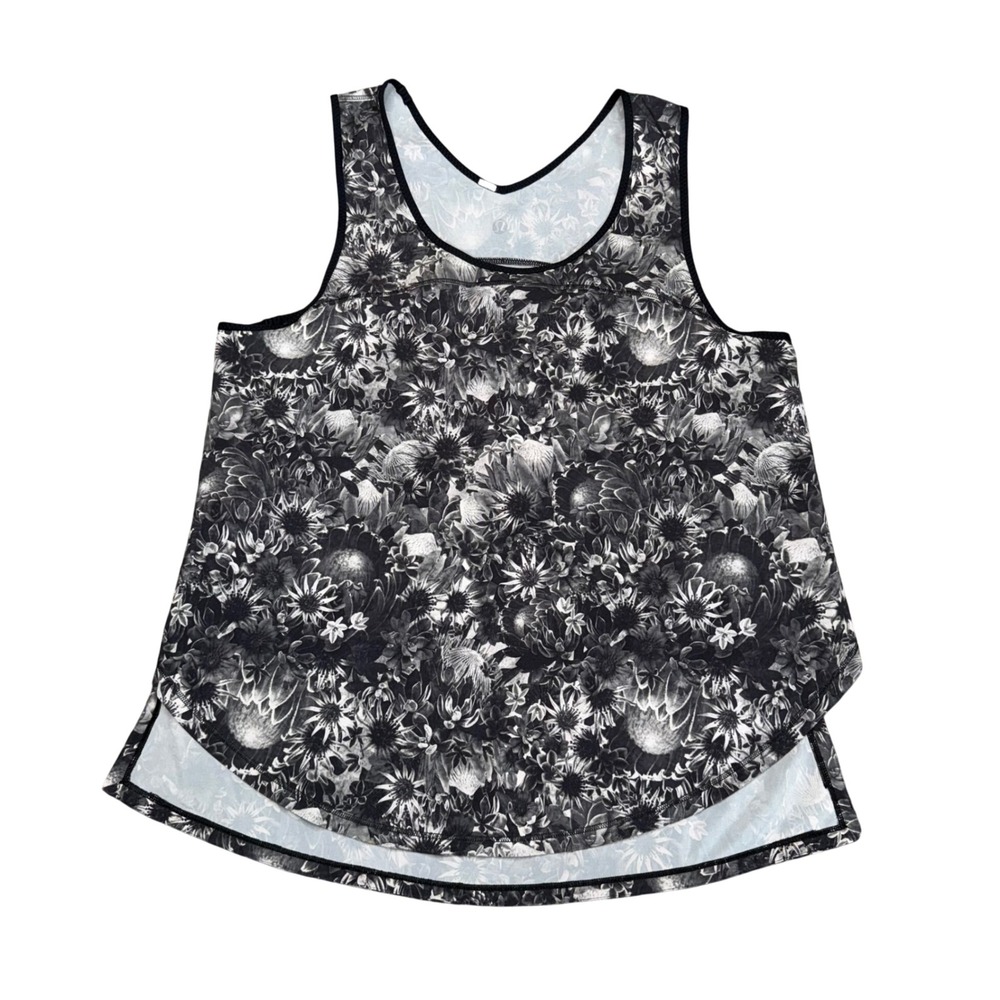 Lululemon Floral Protea Tank Top Womens Medium Black White High Low Hem Good